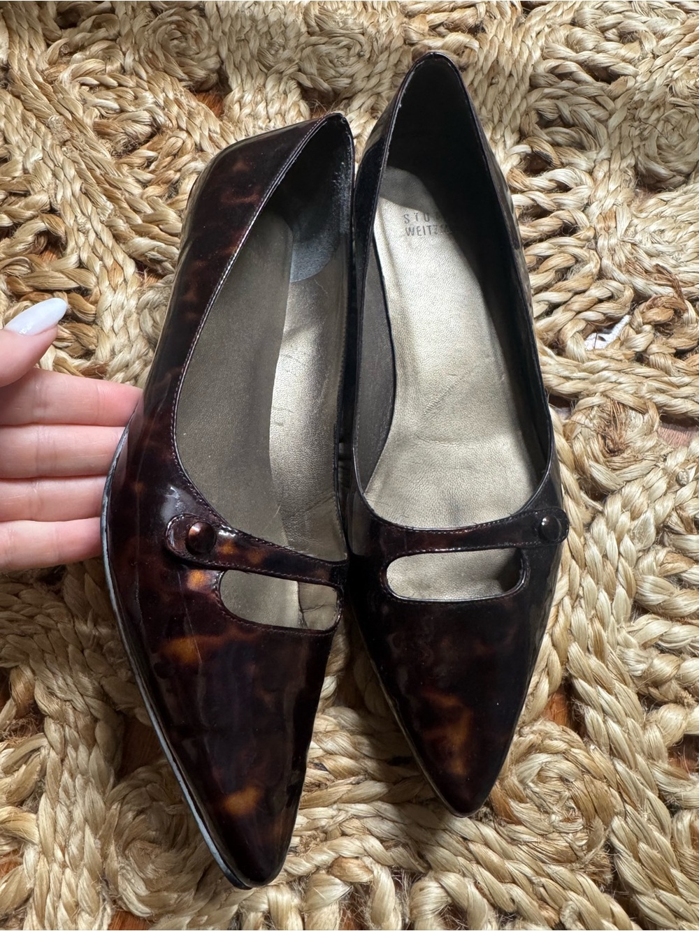 Vintage Stuart Weitzman Tortoiseshell Patent Pointed Mary Jane Flats